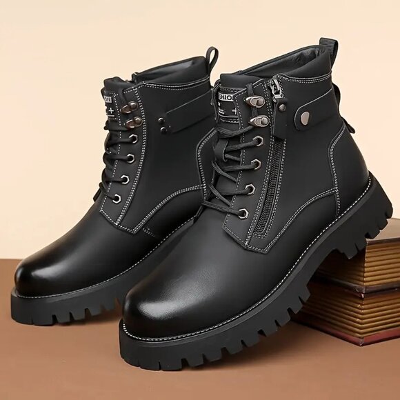 Men's US 6.5-11.5 Black Hiking Boots Lace Up Side‎ Zipper Ankle Casual Shoes - Picture 3 of 11